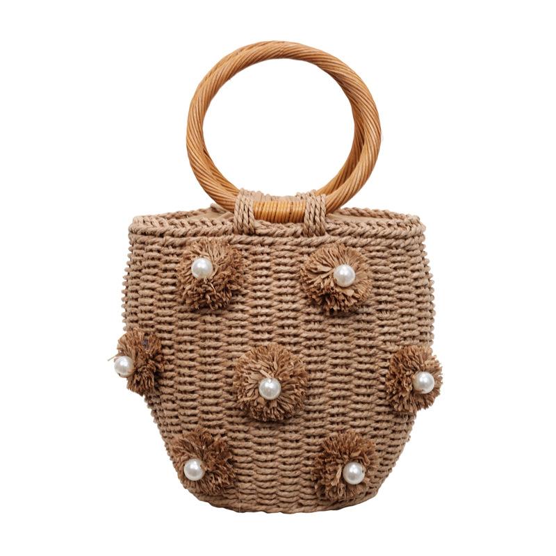 Ladies' Handbag Small Fresh Three-dimensional Flower Pearl Decoration Ring Hand-held Basket Style Women's Handbag Beach Vacation Style Woven Bag