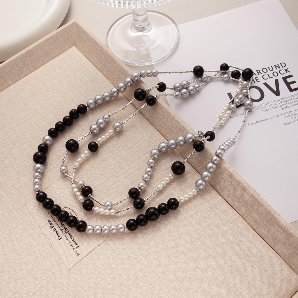Creative Design High-End Beaded Neck Chain Long Double-Layer Retro Black Beaded Necklace Women'S Niche Simple Necklace