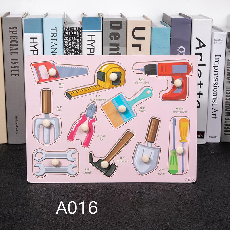 Non-Toxic Montessori Wooden Puzzles Hand Grab Boards Toys Tangram Jigsaw Baby Educational Toys Cartoon Vehicle Animals Fruits 3D Puzzles