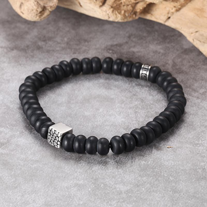 REPTILE AGATE STONE BRACELET matt black onyx bracelet in 8mm abacus shape with stainless steel reptile cube design element
