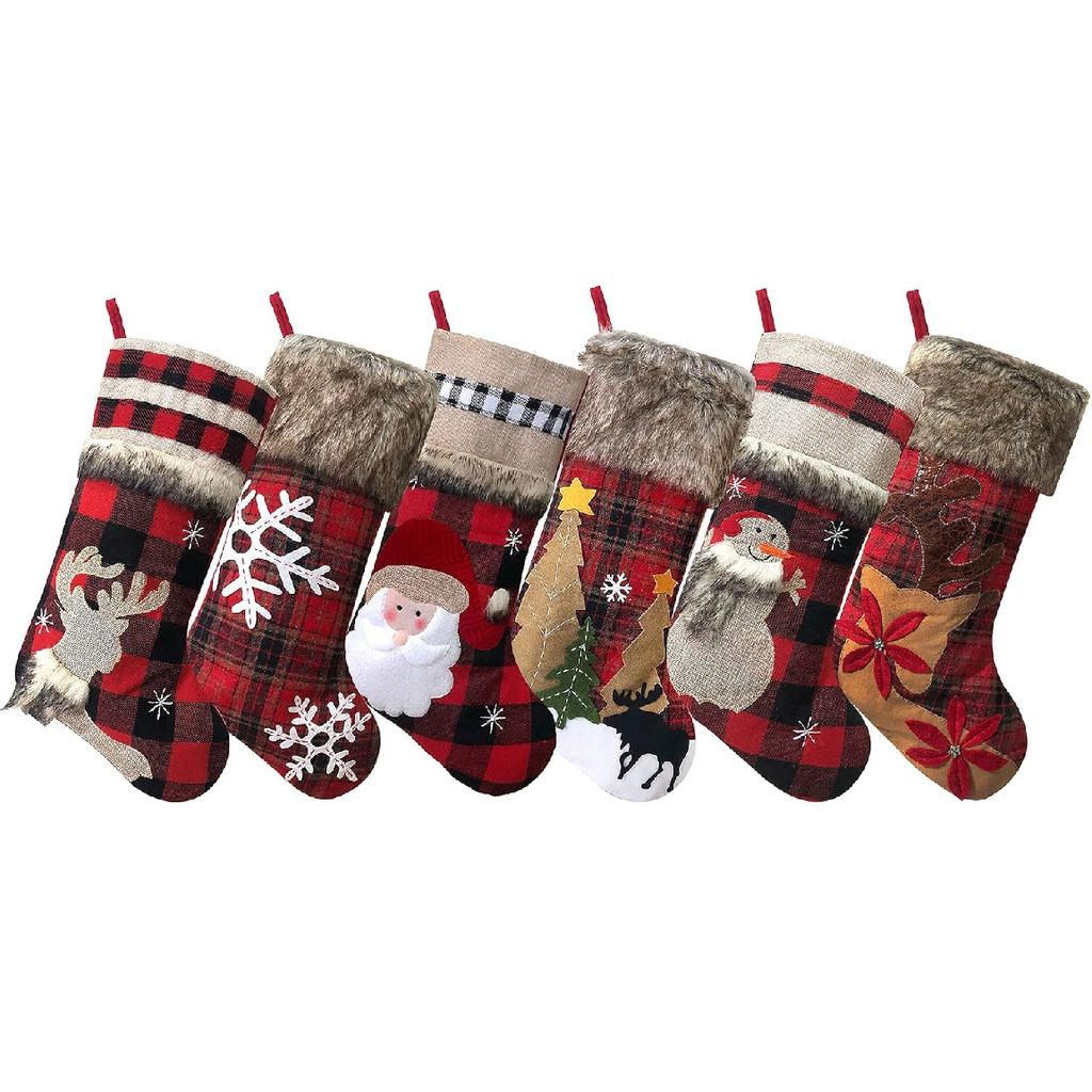 BRvieluck Christmas Stockings Set of 6 Buffalo Red Plaid with Soft Faux Fur for Family Fireplace Hanging Large 20 Inches Xmas Stockings Decorations