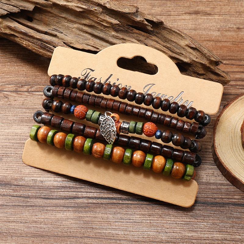Hot-selling Handmade Beaded Bracelet Men's Retro Fashion Leaf Cross Five-piece Bracelet Set