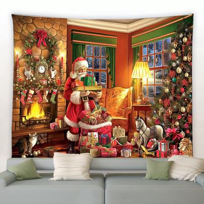 Tapiz navideño divertido Papá Noel bolas de árbol de Navidad regalos chimenea decoración del hogar arte colgante de pared para dormitorio sala de estar