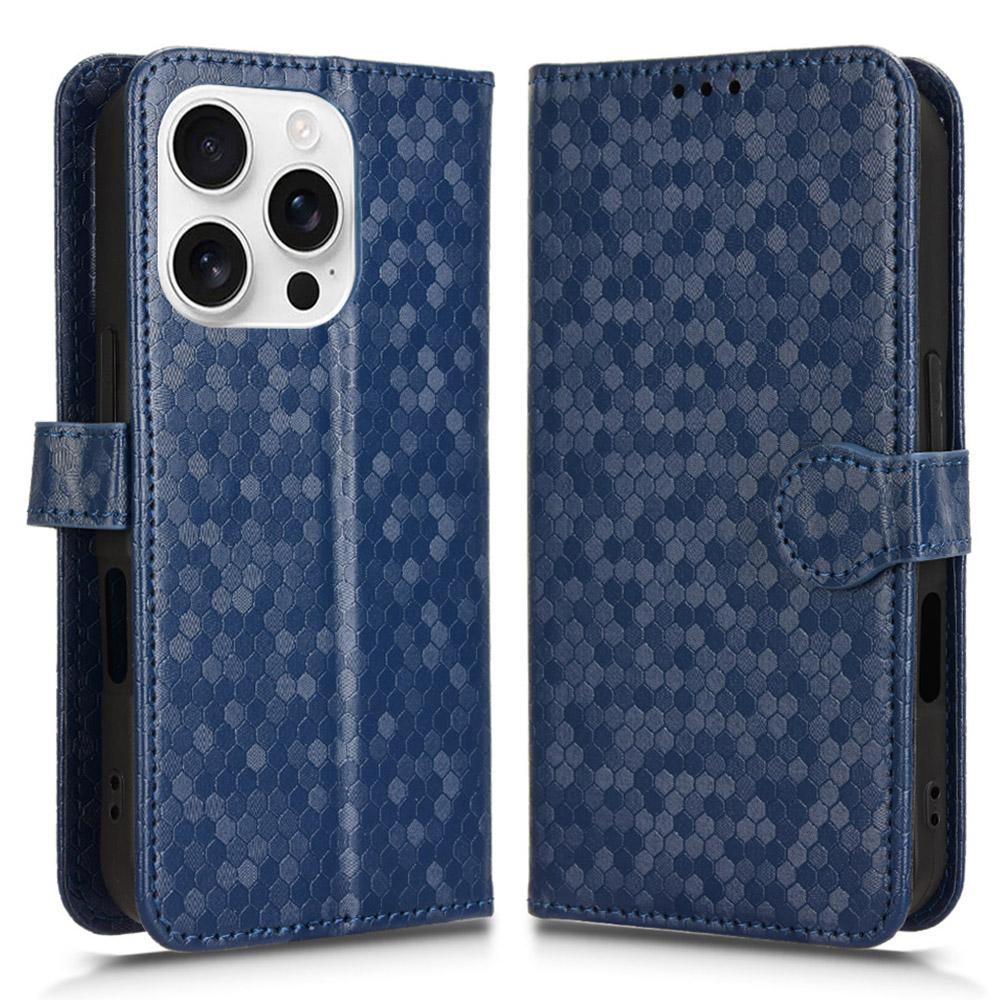 

For iPhone 16 Pro Wallet Case Dot Pattern Imprint PU Leather Phone Cover Dark Blue