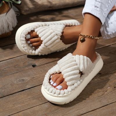 Solid Color Home Warm Slippers, Soft Sole Platform Slip On Fuzzy Shoes, Non-slip Winter Indoor Shoes