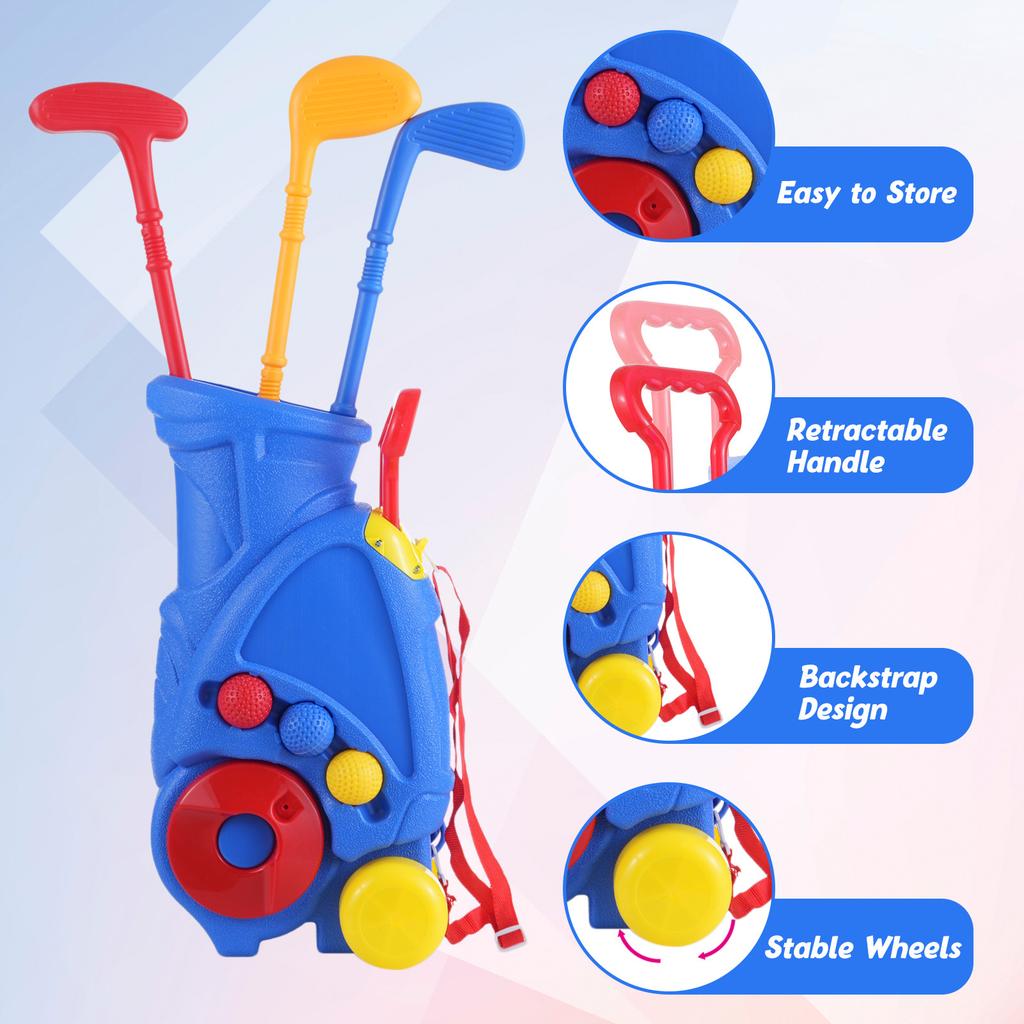 Toddler Golf Set, Kids Active Exercise Yard Play Cart with Clubs, Tees, Balls and Putting Mat, Indoo