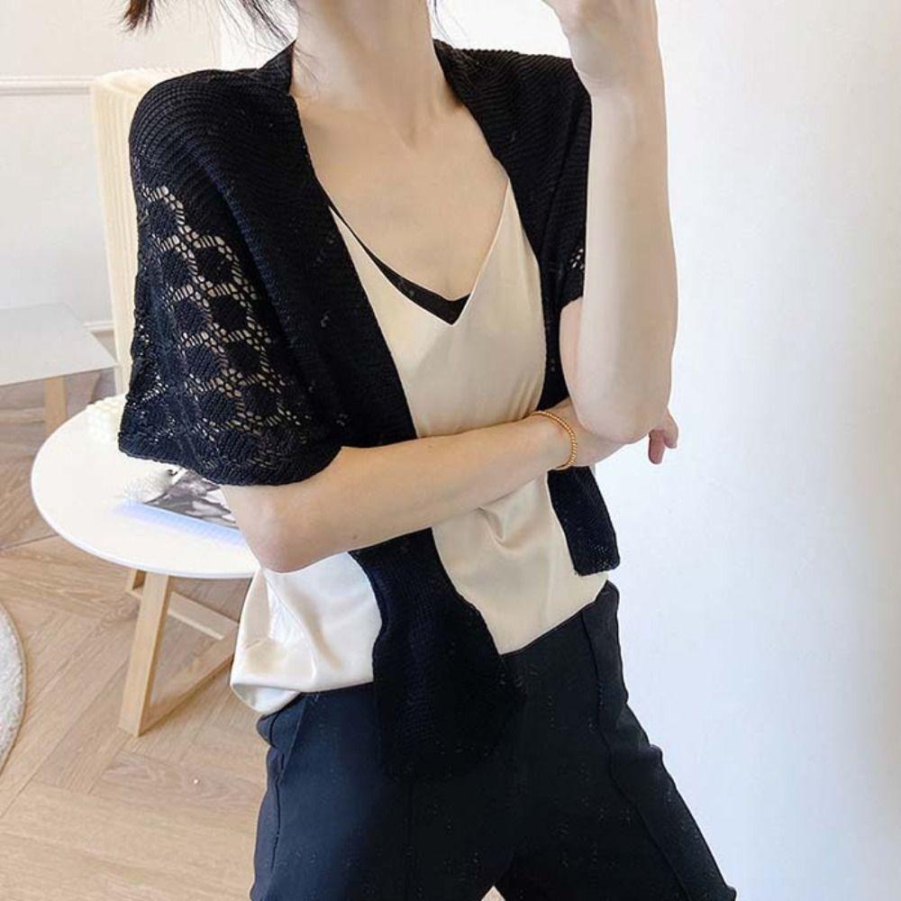 Solid Color Knitted Hollow Shawl Weave Blouse Shoulder Fake Collar Casual Knot Scarves  Outdoor