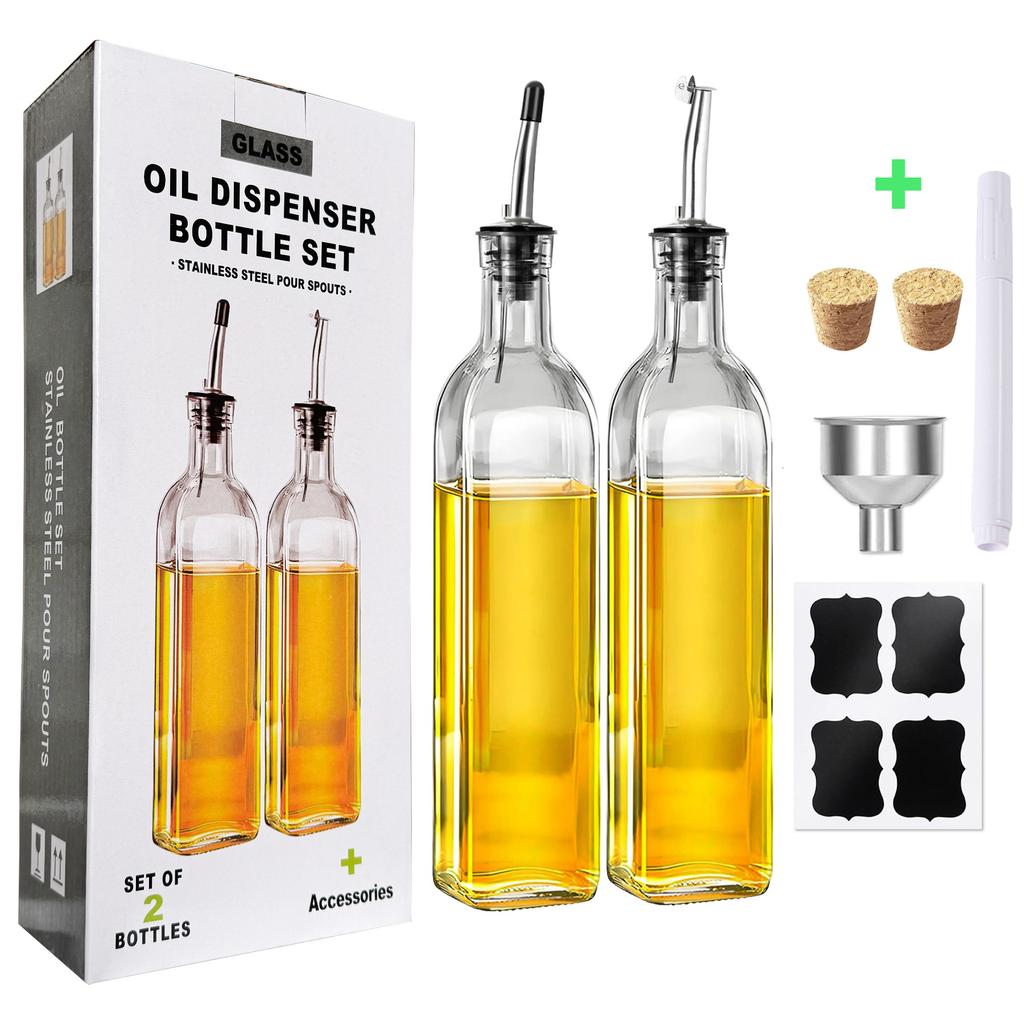 Olive Oil Dispenser Bottle, 2 Pcs Glass Dispenser Set with 2 Stainless Steel Pourers, 4 Labels and 1 Funnel Bottles for Kitchen