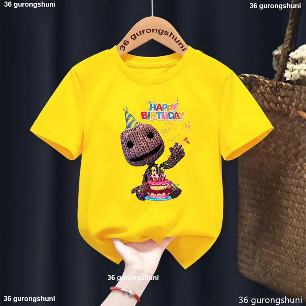 New Boys T-Shirt Funny Video Game Lbp Sackboy Cartoon Print Kid Tshirt Fashion Trendy Boys Clothes Summer O-Neck White Shirt Top