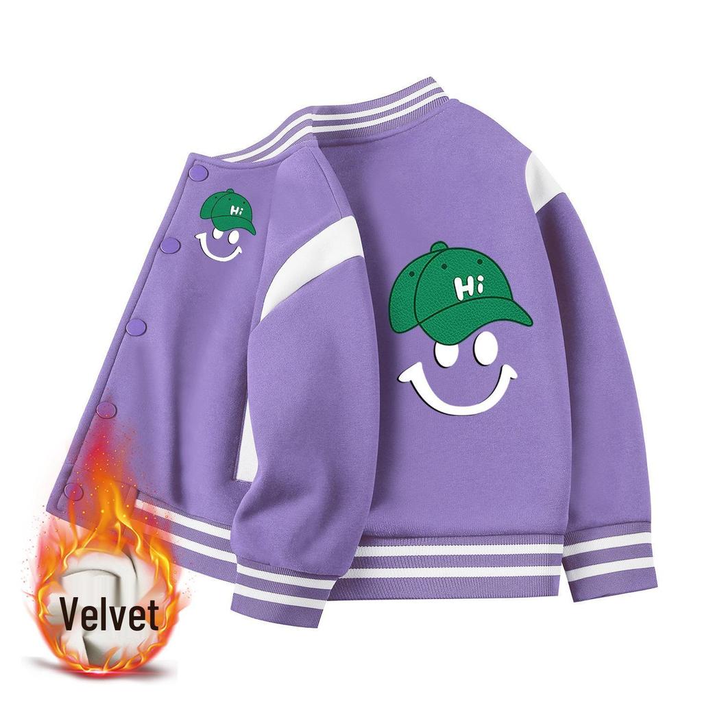 2026 Boys' Korean Style Velvet Baseball Jacket - Autumn/Winter Casual Top