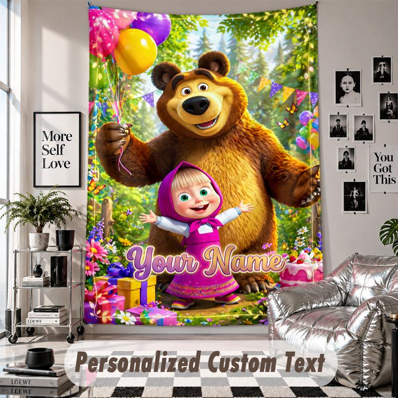 Wall Hanging Tapestry With Custom Name & Text, Masha and the Bear Decorative Tapestry For Bedroom