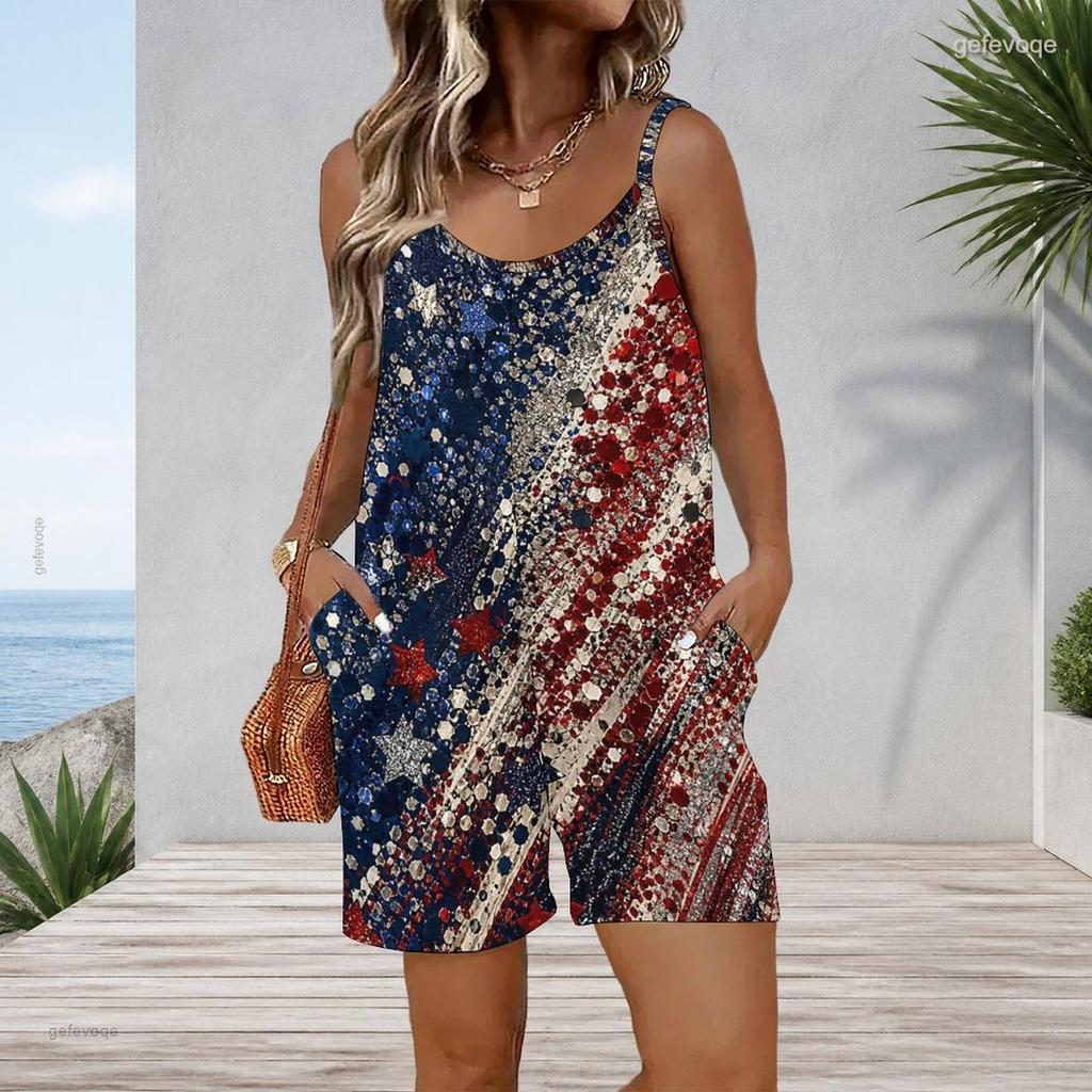 Women Plus Size Sleeveless Cami Short Romper Glitter Star Patriotic Flag Print Jumpsuit With Pockets