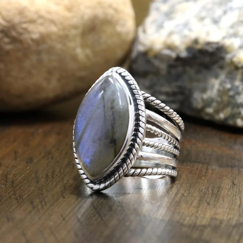 Natural Labradorite Gemstone Ring, Handmade Jewelry, Wedding Jewelry, Fashion Jewelry, Bohemian, 925 Sterling Silver