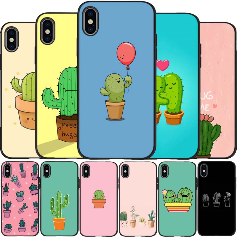 

Cute cactus black Silicone Phone Case For iPhone 12 XR XS Max 5 5S SE 2020 6 6S 7 8 PLUS X 11Pro Max11 Cover Shell iPhone 5 5S SE