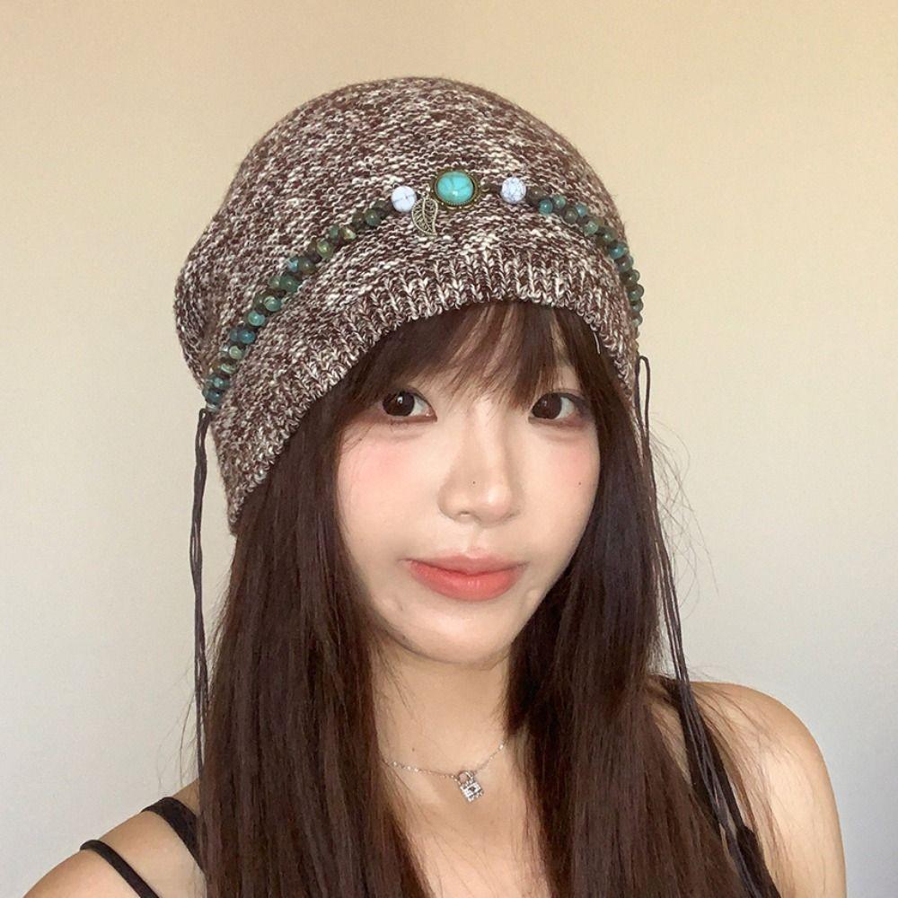 Coldproof Knitted Pullover Hat Keep Warm Beaded Fringed Cap Casual Bohemian Beanies Hat  Autumn