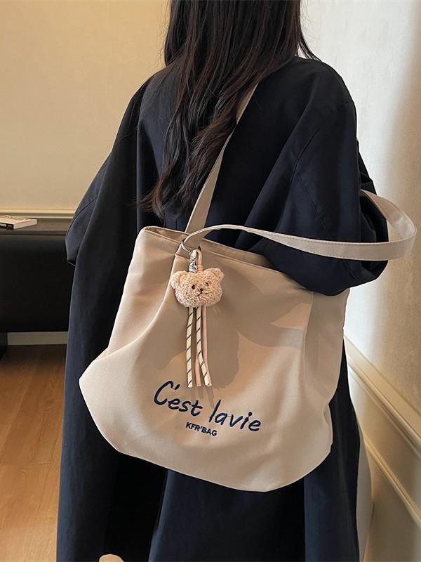 Korean Style Large Embroidered Canvas Shoulder Bag for Women - 2025