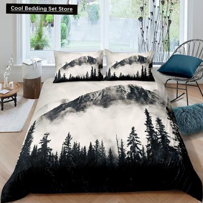 Smoky Mountain King Queen Bettbezug Grauer Nebel Kiefern Bettwäscheset Retro Naturlandschaft Kunst 2/3-teilig Polyester Bettdeckenbezug