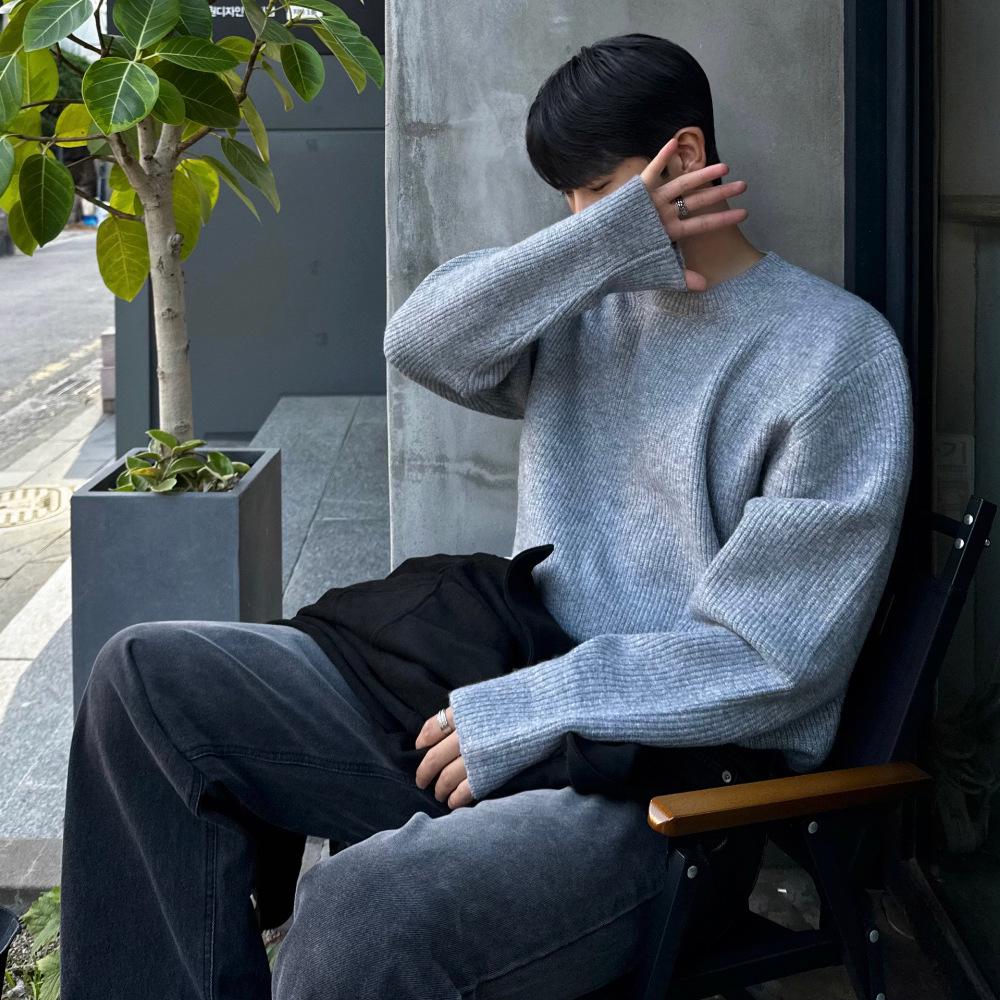 Men s Korean Style Round Neck Loose Knit Pullover Sweater Medium светло-серый