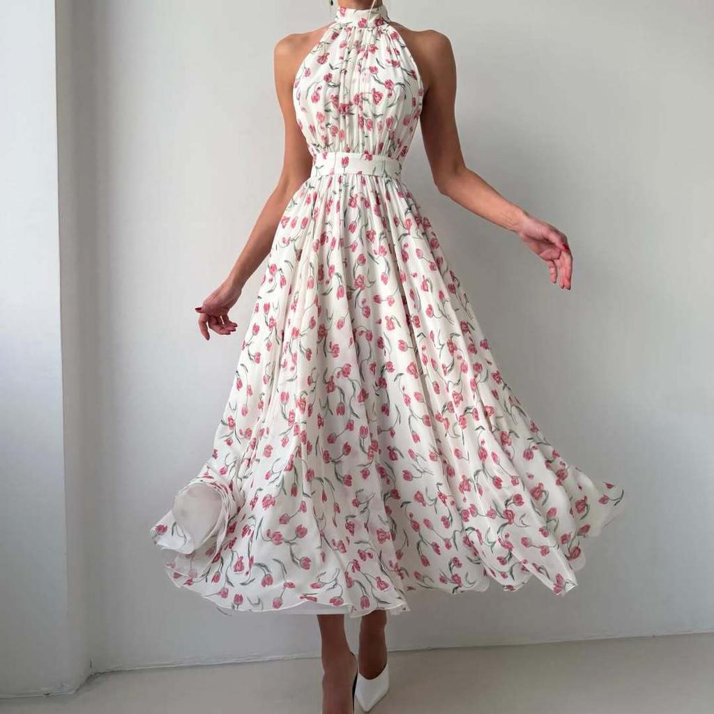 French neck floral dress for women's summer waist and thin sleeveless medium and long temperament A-word long dress, in stock