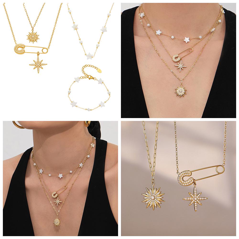 INS Inspired Design: 5A Zircon Star and Sunflower Brooch & Necklace Bracelet Set