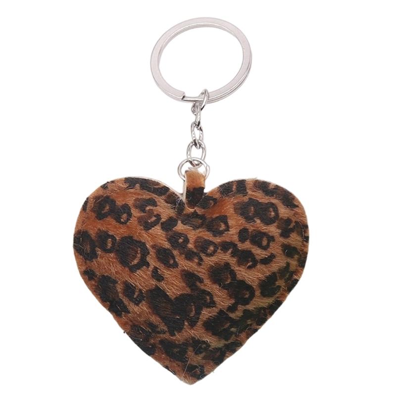 Leopard Print Heart Shaped Keychain with Metal Hook PU Leather Accessory for Fashionable Everyday Carry Item