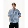 KISKO Summer American Seersucker Blue Gingham Casual Short Sleeve Shirt Men's and Women's Fancy Loose Shirt Ins