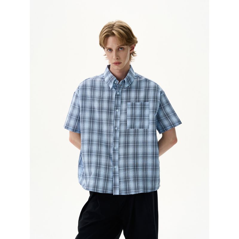 KISKO Summer American Seersucker Blue Gingham Casual Short Sleeve Shirt Men's and Women's Fancy Loose Shirt Ins