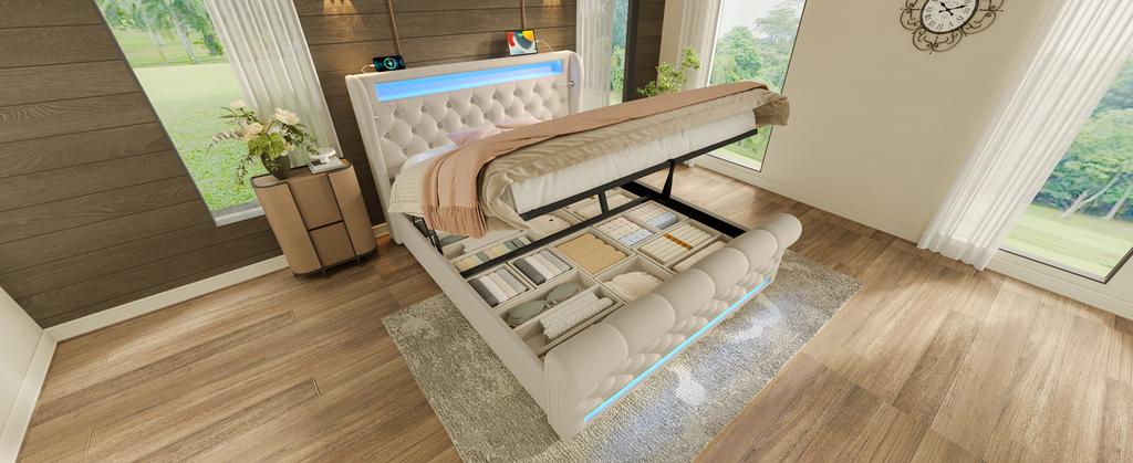 Upholstered Bed Double 140x200cm, with LED Lights, Storage Headboard with USB and Type-C Ports, Hydraulic Storage, Beige, Velvet (Without Mattress)