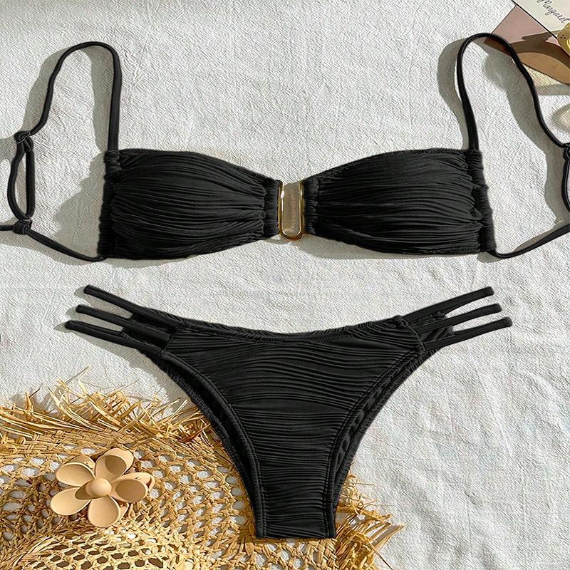 Women S Color Block Sexy Lace Up Bikini Set Beach Swimwear