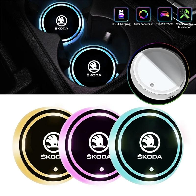 Rkwzn3 2Pcs Car Luminous Coasters Water Cup Mat Holder Car-Styling For Skoda Octavia 2 3 A5 A7 A8 Fabia Karoq Superb Rapid Kamiq Scala