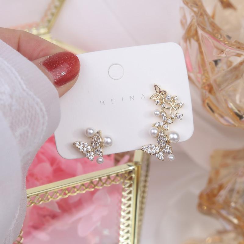 Korea New Fashion Jewelry 14K Real Gold Plating AAA Zircon Butterfly Asymmetric Earring Elegant Pearl Women's Daily Accessories