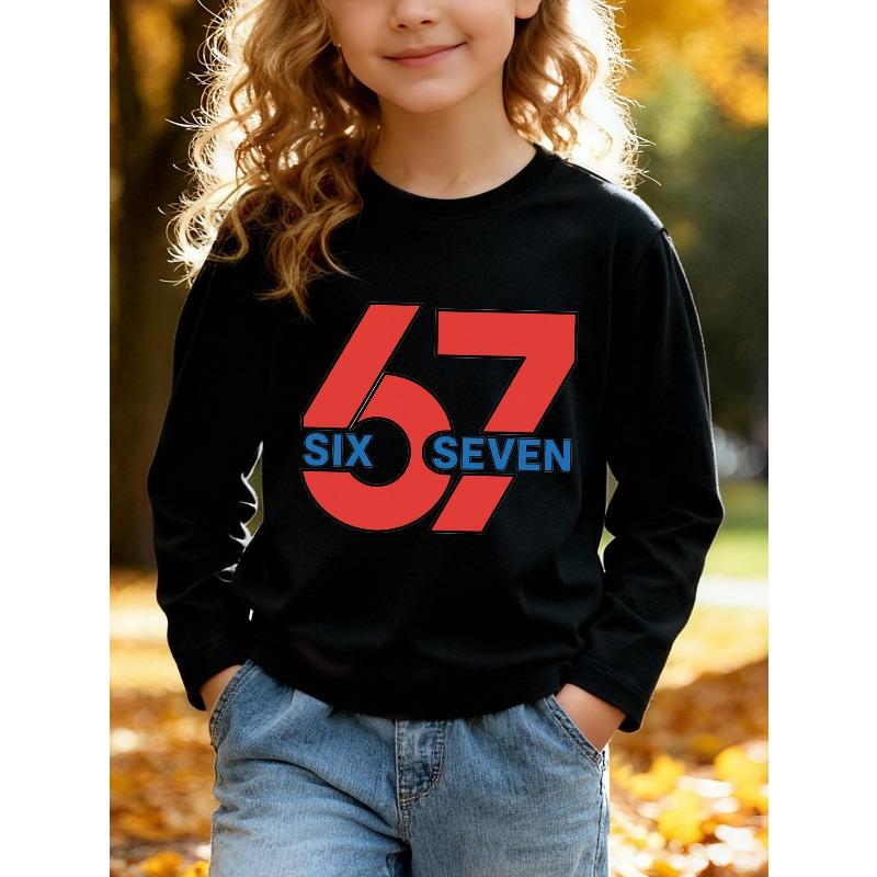 Kids Unisex Crewneck Sweatshirt, Bold Red Block 67 SIX SEVEN Contrast Blue Text Long Sleeve Pullover, Soft Fleece Sweatshirts for Boys Girls Ages 4+