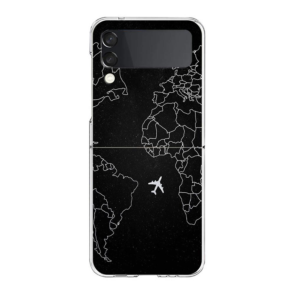 Phone Cover For Samsung Galaxy Z Flip 6 5 4 Case Transparent For Samsung Z Flip 3 Hard PC Shell Travel-Inspired Airplane Route