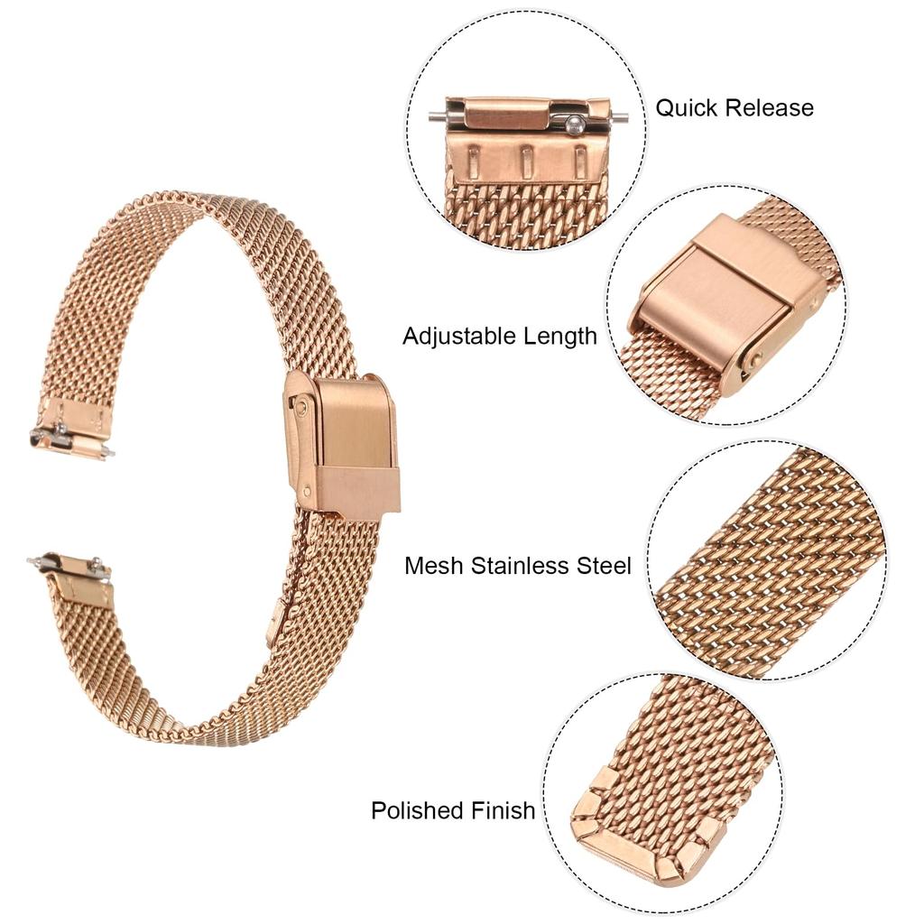 Uxcell 316L Stainless Steel Mesh Watch Band, 12mm Quick Release Adjustable Metal Watch Strap for Men and Women, Rose Gold
