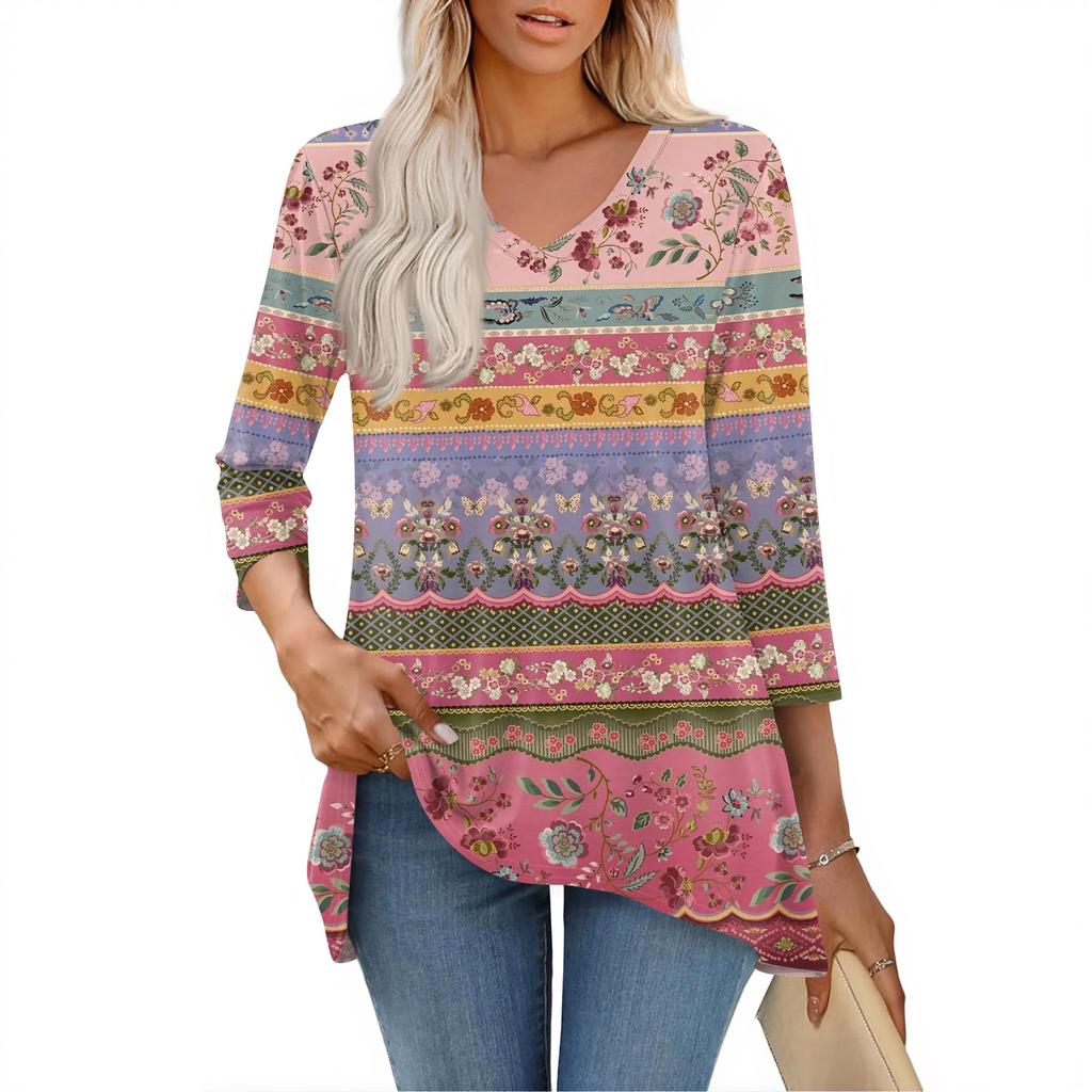 Dámské topy s výstřihem do V a 3/4 rukávem, ležérní košile střední délky, módní tuniky s potiskem