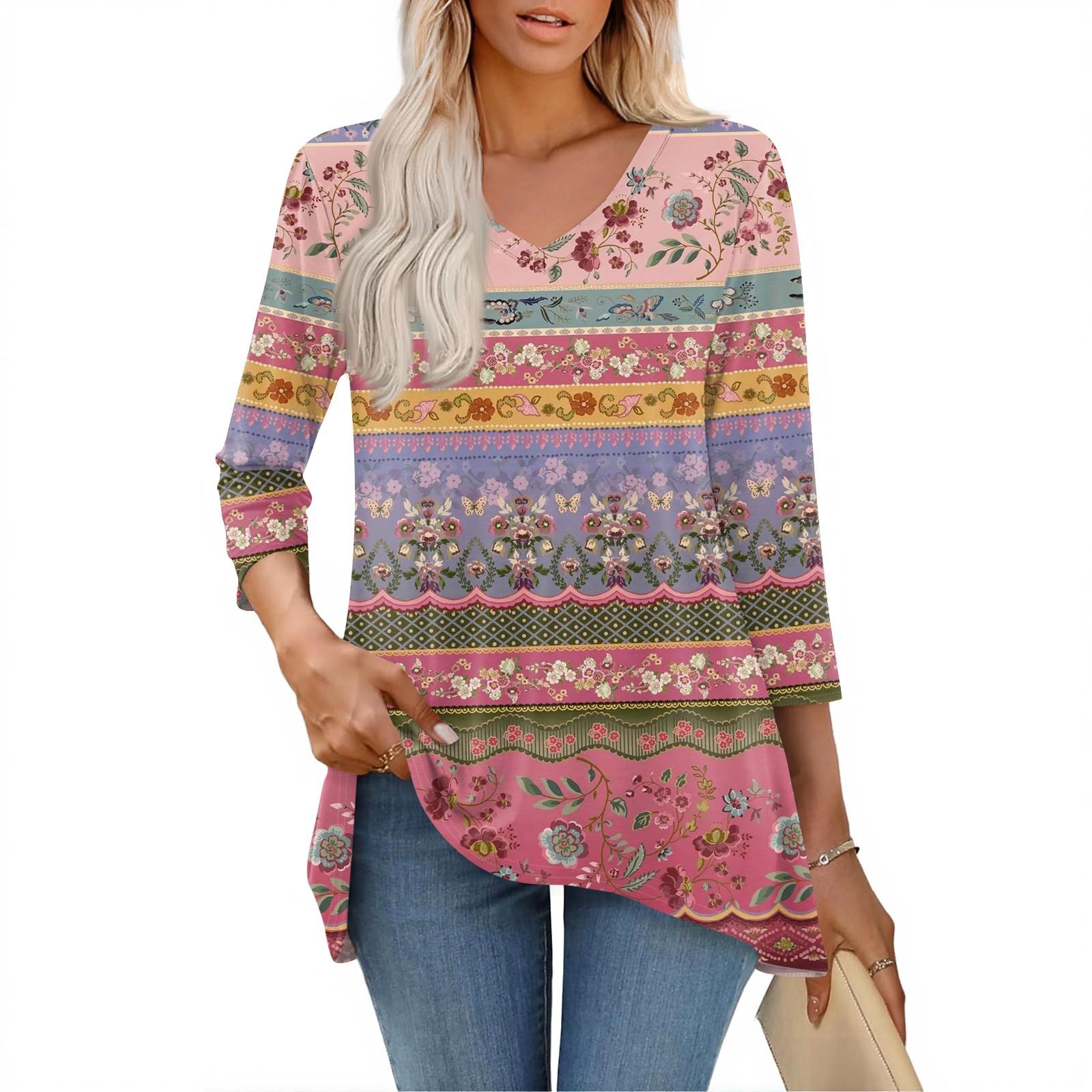 

Womens Tops V-neck 3/4 Sleeve Blouses Casual Mid-length Shirts Fashion Print Tunic Tops L