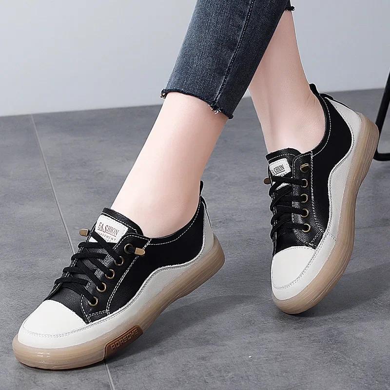 Fashion Leather white shoes women's 2025 spring and autumn flat casual shoes Korean version hollow sports shoes