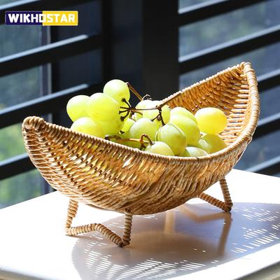 Rattan-Obstschale für Couchtisch, gewebter Korb für Kleinigkeiten, Rattan-Obsttablett, halbmondförmiger Korb, Eierkorb aus Kunststoff-Rattan