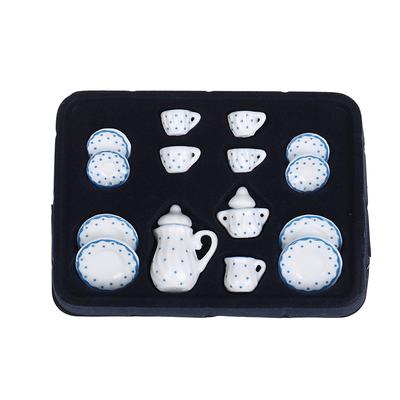 15 Stück 1:12 Puppenhaus Miniatur blau Dot Geschirr Porzellan Kaffee Tee Tassen Set
