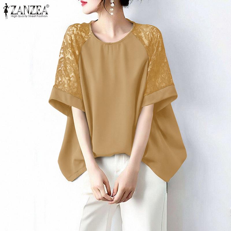 ZANZEA Damen Lässig Rundhals Spitze Einsatz 3/4 Ärmel Elegante Bluse
