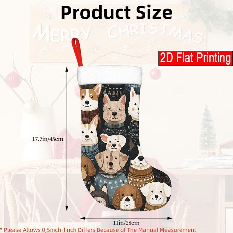 Christmas Decoration Fireplace Hanging Stocking 1pc Cute Dog Christmas Stocking - Festive Dog Design with Santa Hats & S