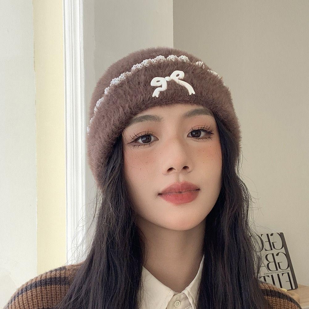 Keep Warm Knitted Pullover Hat Solid Color Ear Protection Cap Fashion Bow Beanies Girls