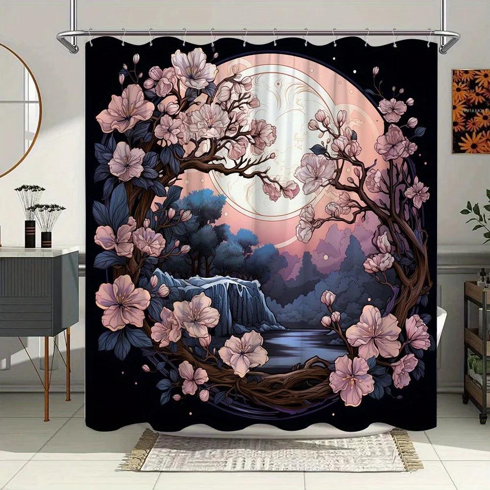 1Pc Moonlit Cherry Blossoms Shower Curtain - Pink & White Floral Design With Waterfall Lake & Full Moon, 70X70 Inches, Machine