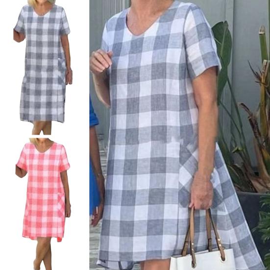 

V-образный вырез с коротким рукавом Женское платье Карманы Тонкий клетчатый принт Летнее повседневное платье до колен Повседневная одежда