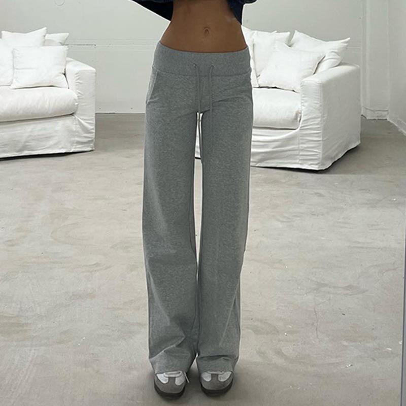Gray Drawstring Waist Casual Sports Pants Basic Simple Fitness Jogging Straight Pants