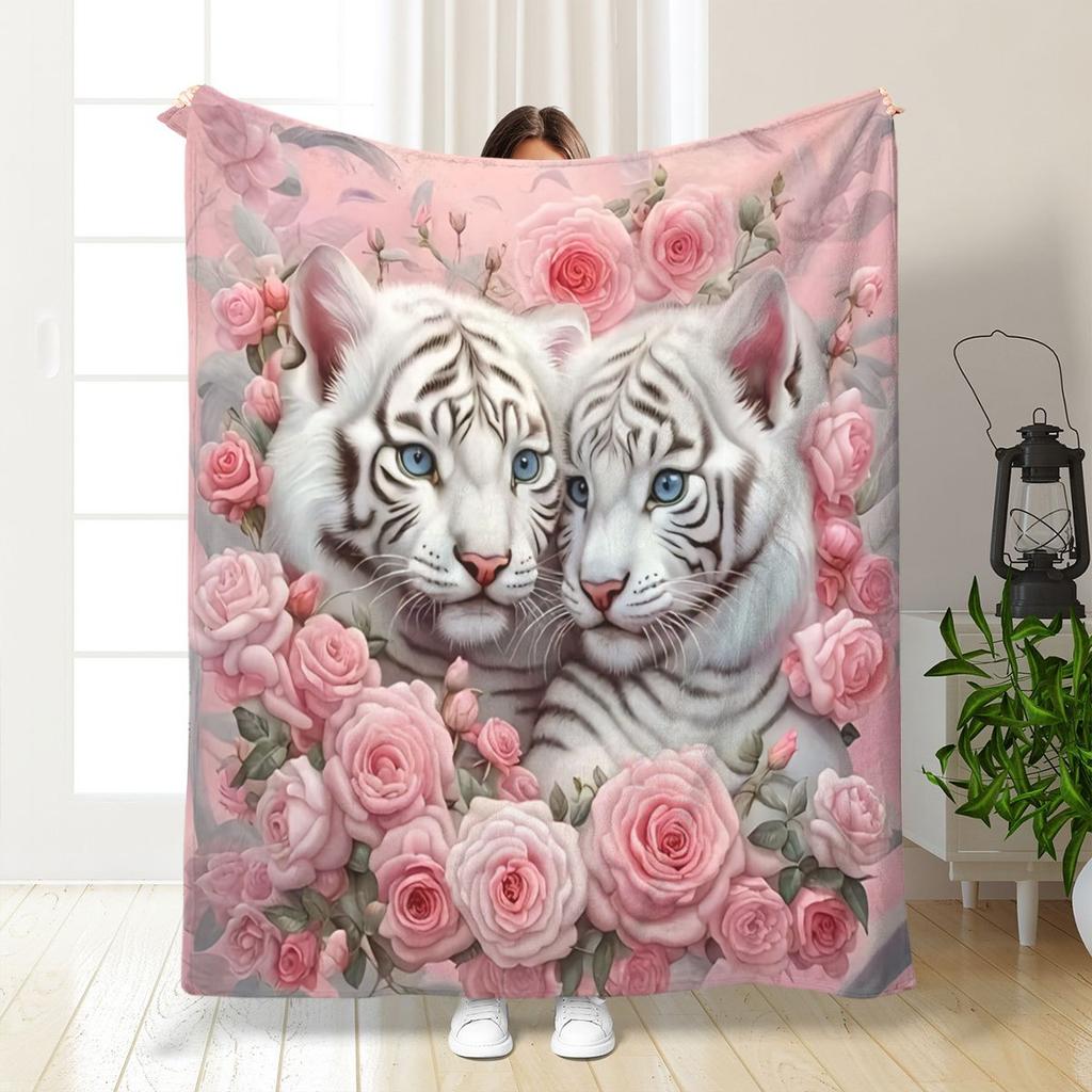 White Tigers and Roses Ultra-Soft Cozy Blanket - Perfect for Winter, Ideal Gift for Animal and Art Enthusiasts, Brings Comfort