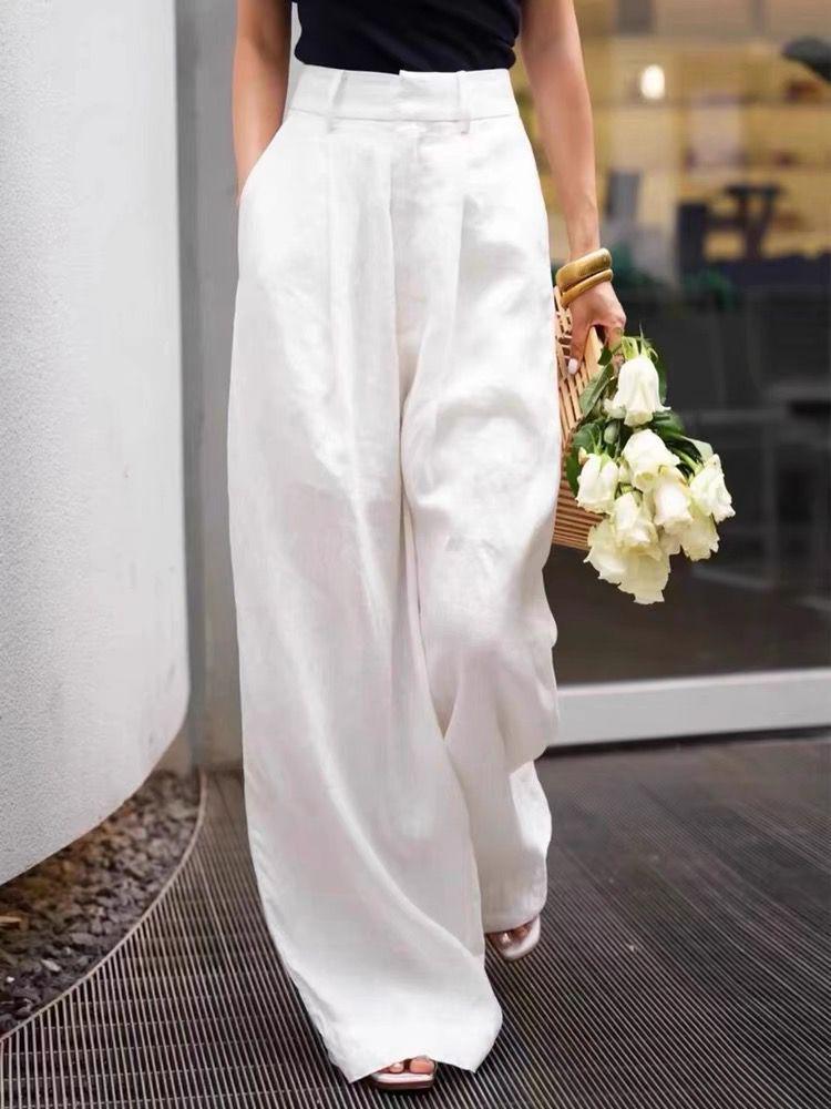 Women s High-Waisted Wide-Leg Coffee-Colored Linen Pants: Stylish, Drapey, and Casual M