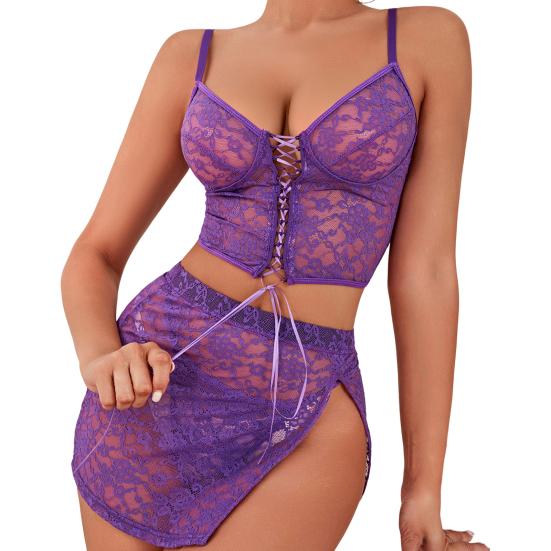 3 Pcs/Set Women Bra Panties Skirt Set See-through Lace Embroidery Hollow Out Lace-up Straps Thin High Waist Skirt Night Valentines Day Underwear Set