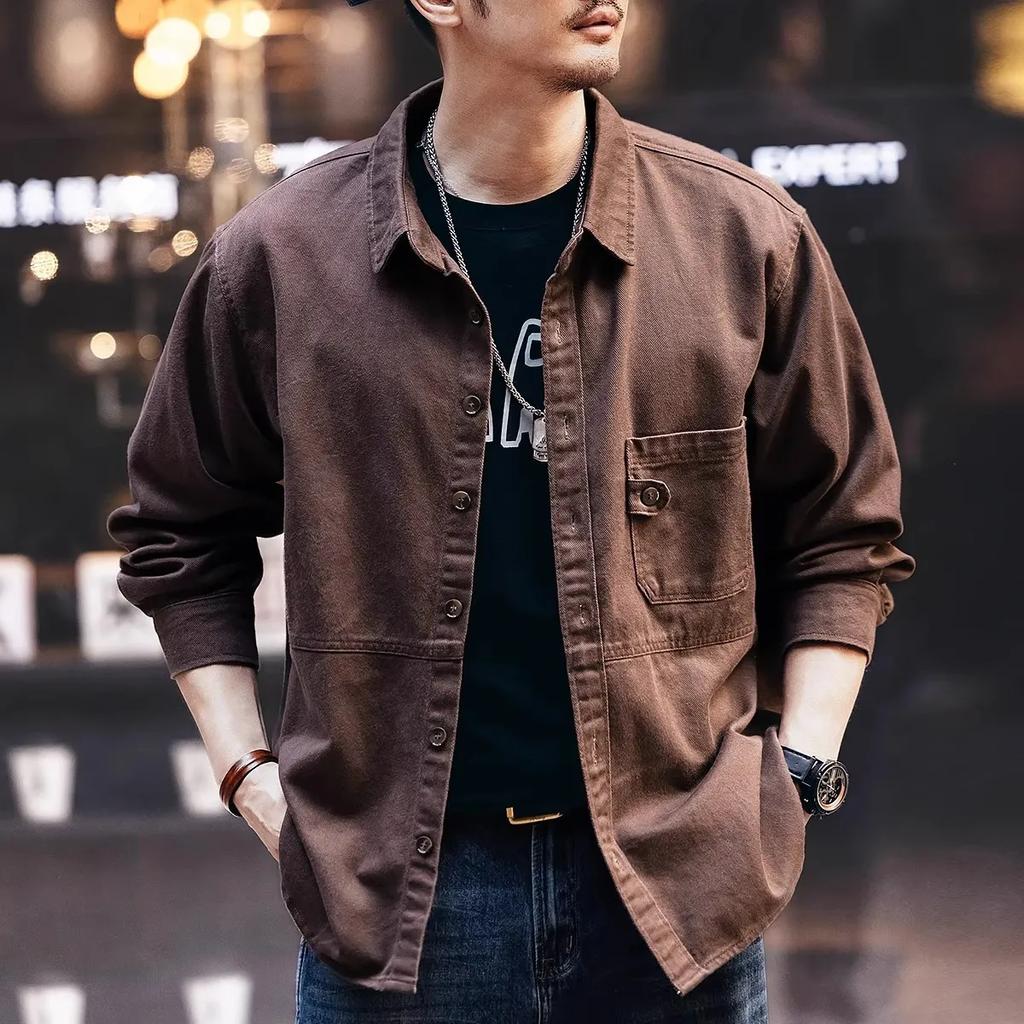 Men's Vintage Long Sleeve Work Shirt Casual Loose Button Down Cotton Shirts Big Size Retro Workwear Tops for Men