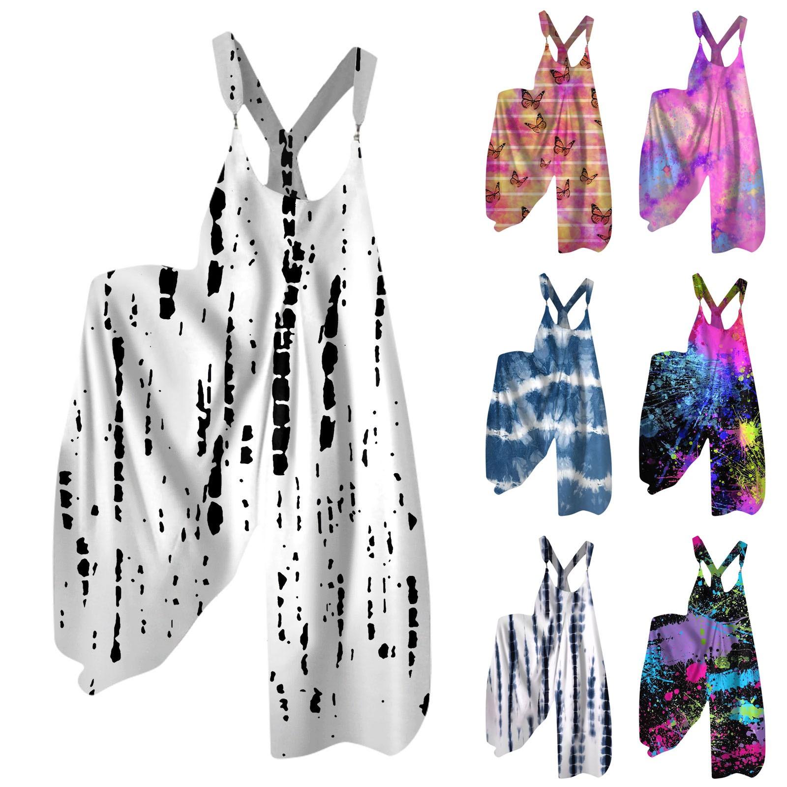 

Широкие комбинезоны для женщин, повседневные свободные комбинезоны без рукавов, ретро-принт, металлические пуговицы, длинные брюки, комбинезон с карманами